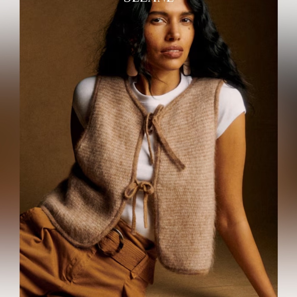 Sezane Pepy Cardigan Knit Tie-Front Sweater Vest in Tan Size 8